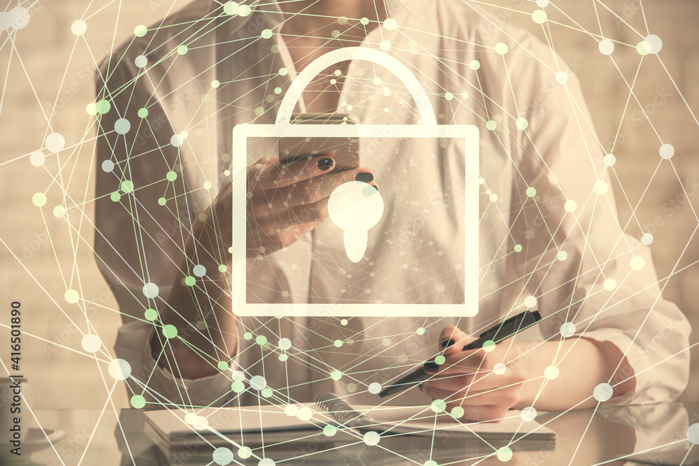 Poster Double exposure of lock sketch hologram and woman holding and using a mobile device. Security iT concept