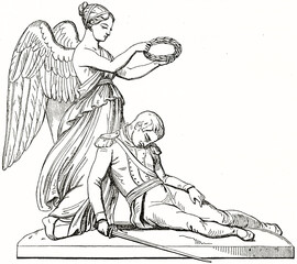 funerary solemn monument project reproduction. winged angel taking care of sleeping official in uniform. Ancient grey tone etching style art by Thorvaldsen, Magasin Pittoresque, 1838