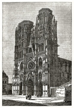 High huge Toul cathedral, Lorraine, France. Majestic gothic edifice built in Notre Dame style. Ancient grey tone etching style art by unidentified author, Magasin Pittoresque, 1838