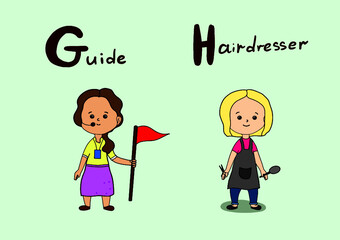 Cute vector alphabet Profession. Letter G - guide. Letter H - hairdresser