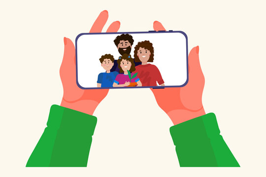 Selfie of the family. Vector cartoon photo of parents and children. Illustration of a family on the smartphone display. Vector illustration