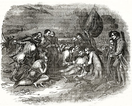 Death on battlefield of General Wolfe surrounded by his comrades in arms (Battle of Quebec, 1759). Ancient grey tone etching style art by unidentified author, Magasin Pittoresque, 1838