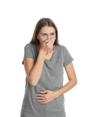 Woman suffering from nausea on white background. Food poisoning