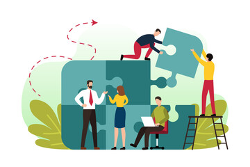 Illustration of a group of employee working together with puzzle pieces in the background