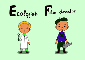 Cute vector alphabet Profession. Letter E - ecologist. Letter F - film director