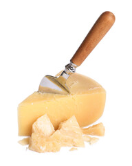 Delicious parmesan cheese and knife on white background