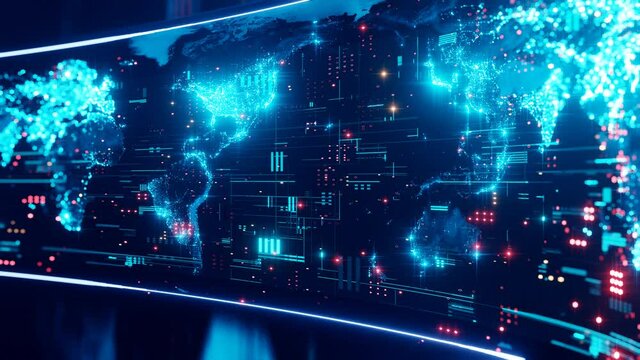 Global earth map rotating digital world breaking news Studio Background for news report and breaking news on world live report. Business, stock market background. 3D 4K loop animation