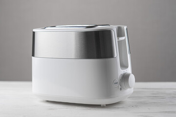 White with silver toaster on gray background on wooden white table