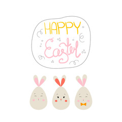Happy Easter lettering with cute three bunny. Cute hand drawn vector stock illustration isolated on white background. Design for card template etc.