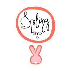 Spring time lettering with silhouette of bunny . Cute hand drawn vector stock illustration isolated on white background. Design for card template etc.