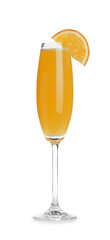 Fresh alcoholic Mimosa cocktail with orange slice isolated on white