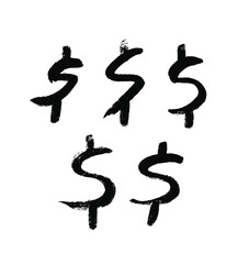 Naklejka premium Paint drawing set of black Dollar symbol on white background. Hand drawn abstract illustration grunge elements. Vector abstract objects for design