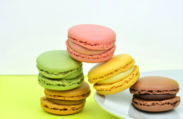Close up, traditional macarons from France. Colorful, sweet.