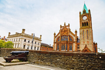Derry, North Ireland. Aerial view of Derry Londonderry city center in Northern Ireland, UK. Sunny...