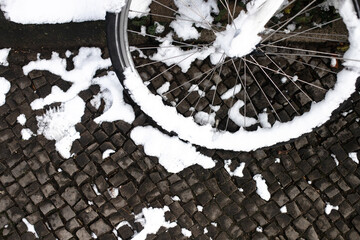 Detail of a vintage bike wheel with a worn out tire