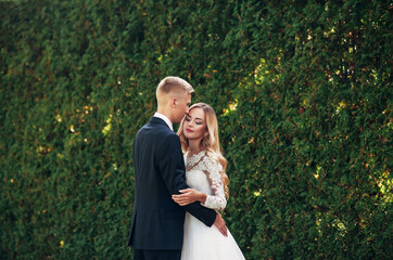 bride and groom near the green ivy wall