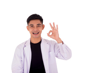 Man in white coat smiling and show his fingers in ok sign gesture.