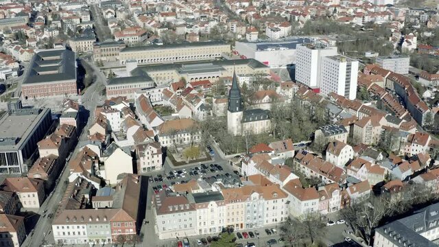 Drone Aerial footage of Weimar on a sunny spring day. Weimer is city in Germany and a former cultural capital of Europe.