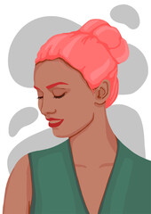modern bright beautiful woman with pink hair, vector flat illustration hand drawn. for postcards, posters and any design
