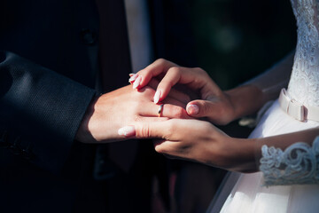 lovers stroking hand with wedding rings