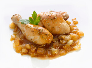 pollo guisado con verduras y patatas sobre fondo blanco, vista cenital. stewed chicken with vegetables and potatoes on white background, overhead view.