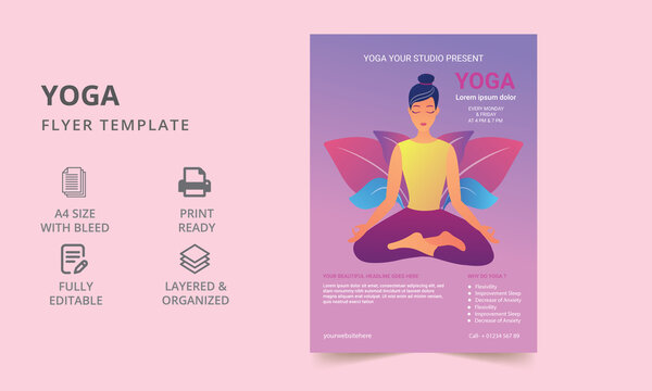 Yoga Flyer, booklet, banner, poster, leaflet print design with linear illustrations. Magazines, annual reports, advertising posters.
