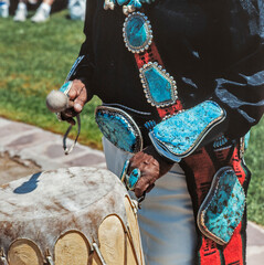 Indian culture. Indian dance. Indian cloting and jewelry. Indian Pueblo Cultural Center Alberquerque New Mexico USA. Drums
