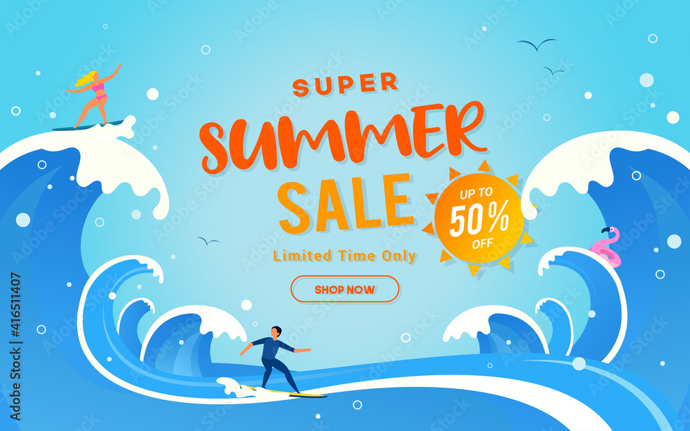 Wall mural Super Summer Sale vector illustration. Summer Big wave surfing backgrounds