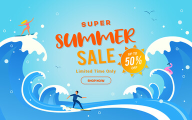 Super Summer Sale vector illustration. Summer Big wave surfing backgrounds - obrazy, fototapety, plakaty