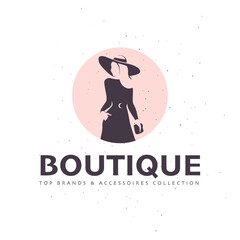 Lady boutique logo design template isolated on white textured background. Stylish long haired lady in hat with bag icon concept. For branding, advertisement, shop insignia. Vector flat illustration.