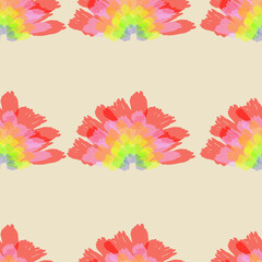 Abstract seamless pattern with multicolored rainbow flowers on a beige background. Spring flowering elements. For textiles, wallpaper, backgrounds and postcards.