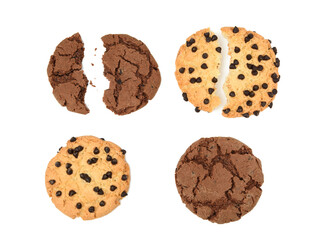 broken in half round biscuit biscuit with chocolate pieces isolated on white background