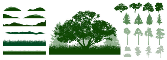 Fototapeta premium Design elements of summer trees. Constructor woodland, landscape. Silhouettes of beautiful spruce trees, willow, pine, other trees, grass, hill. Creation of beautiful park, forest. Vector illustration