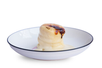 Close-up Japanese style pancake dessert topped with Creme Brulee isolated on white background.