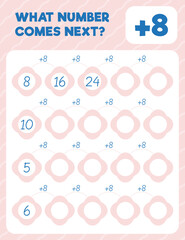 Math worksheet practice print page. What number comes next? Addition. Count and write.