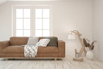 White living room with sofa. Scandinavian interior design. 3D illustration