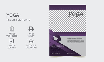Yoga Flyer Layout with Graphic Element. Yoga Flyer, booklet, leaflet print design with linear illustrations. 