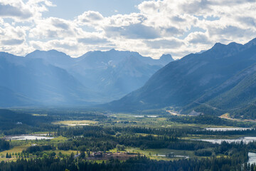 Overlooking the Vermilion Lakes from Tunnel Mountain summit. Summer time in Banff National Park, Canadian Rockies, Alberta, Canada.