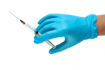 Doctor's hand in blue medical (surgical) gloves holding a plastic syringe on white background.  