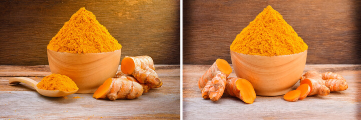 Turmeric roots with turmeric powder on wooden background
