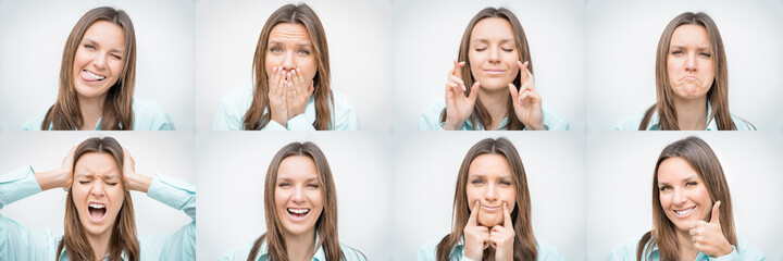 Set of beautiful woman with different facial emotions or expressions and gestures isolated on gray background. Collage of multiple images