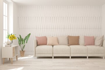 Stylish room in white color with sofa. Scandinavian interior design. 3D illustration