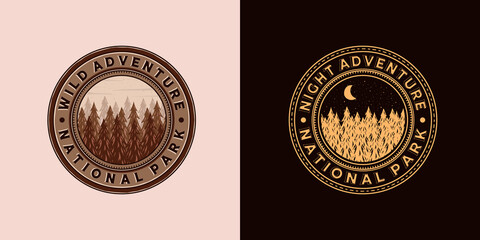 Outdoor Adventure Logo Vector Illustration Design. Exclusive Vintage Style Adventure Logo Design. Old Vintage Outdoor Adventure Logo Emblem. Pine, Pine Tree, Night Logo Concept Inspiration