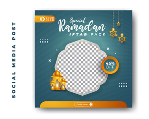 Special food menu restaurant ramadan kareem iftar for social media post template with stars and lantern decoration