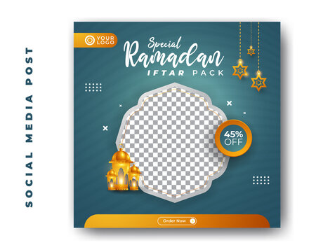Special Food Menu Restaurant Ramadan Kareem Iftar For Social Media Post Template With Stars And Lantern Decoration