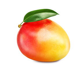 Delicious ripe mango with green leaf isolated on white