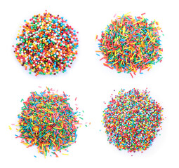 Set with colorful sprinkles on white background, top view. Confectionery decor