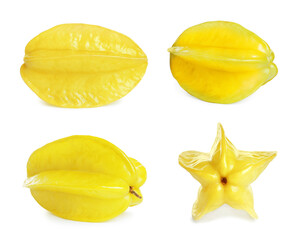 Set with delicious ripe carambola fruits on white background