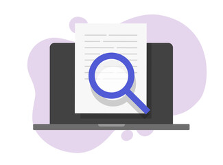 Online document expertise review or legal text content research censorship on laptop pc vector, digital file analysis concept, article inspect, law proof information searching, essay idea