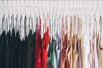 Multi-colored dresses hang on hangers in the store. Sale of women's dresses